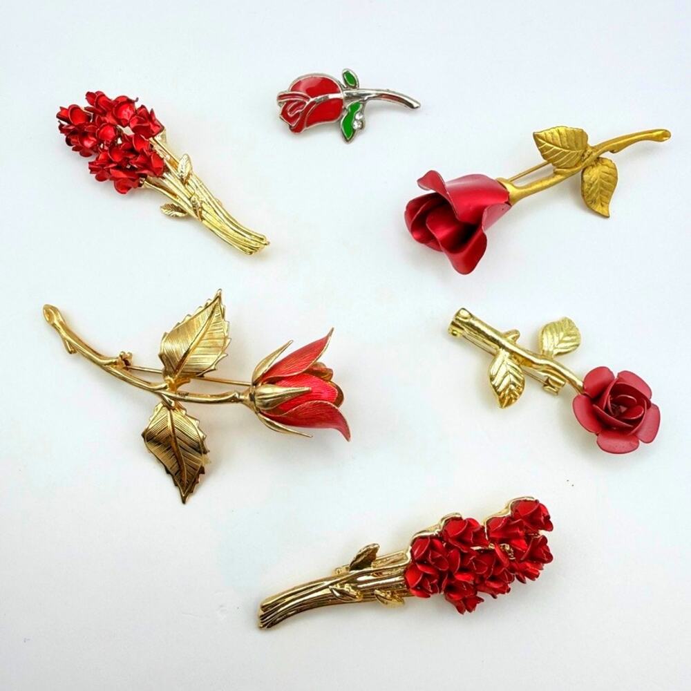 Lot 6 Vintage Red Rose Brooches Bouquet Signed Avon DMC 97 Pin Gold Tone Holiday